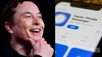 A combination file photo is shown of Tesla chief Elon Musk alongside the Signal app.