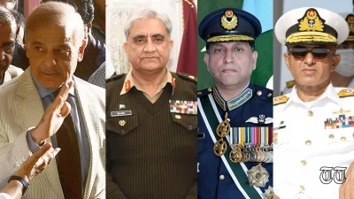 A combination file photo shows Prime Minister Shehbaz Sharif with COAS General Bajwa, CAS Marshal Babar, and CNS Admiral Niazi.