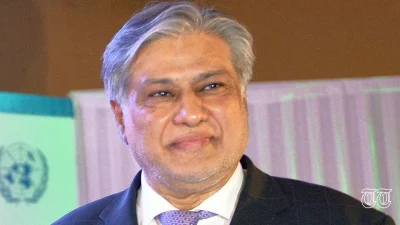 A file photo of former finance minister Mohammad Ishaq Dar is shown.