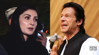 A combination file photo shows PML(N) vice president Maryam Nawaz alongside former prime minister Imran Khan.