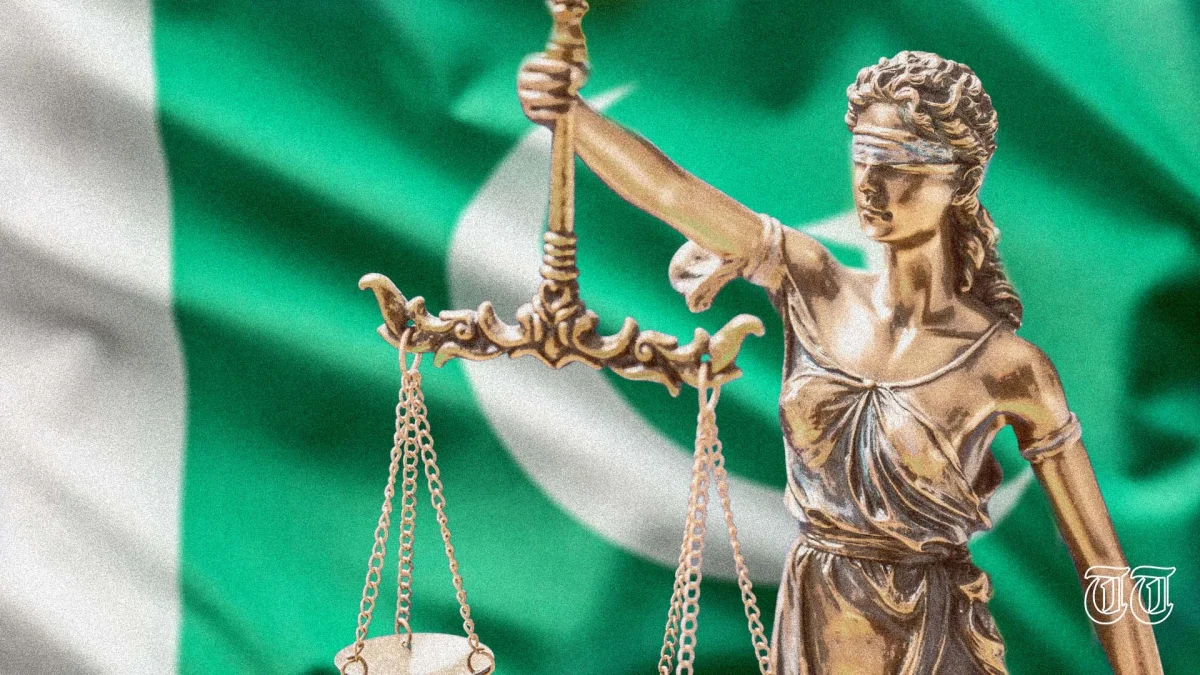 An illustration shows Lady Justitia against a backdrop of the Pakistani flag. — FILE/THE THURSDAY TIMES