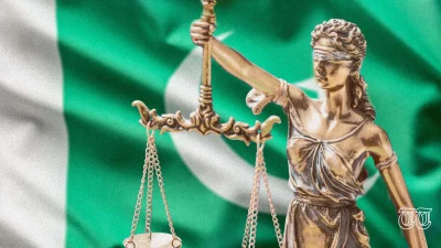 An illustration shows Lady Justitia against a backdrop of the Pakistani flag. — FILE/THE THURSDAY TIMES