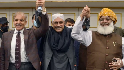 A file photo is shown of prime minister Shahbaz Sharif, PPP leader Asif Ali Zardari, and JUI(F) chief Fazl-ur-Rehman.