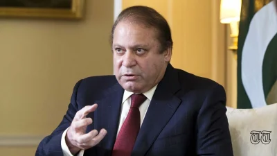 A file photo shows former prime minister Nawaz Sharif at 10 Downing Street in 2014.