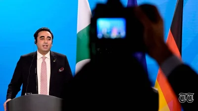 Foreign Minister Bilawal Bhutto Zardari is pictured addressing a press conference at Berlin.