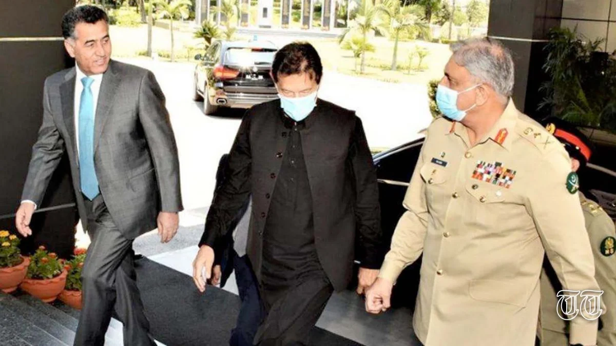 A file photo shows former Army Chief General Qamar Javed Bajwa, PTI chairman Imran Khan, and former ISI chief Faiz Hameed.— FILE/THE THURSDAY TIMES