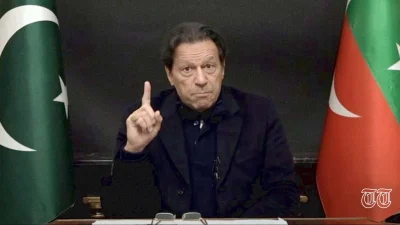 A file photo shows PTI president Imran Khan in an address to the public.