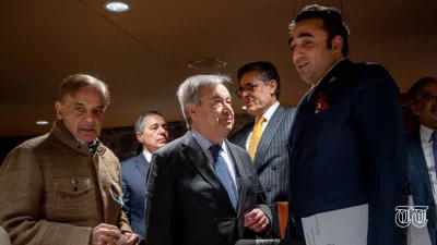 A file photo shows prime minister Shehbaz Sharif alongside Swiss foreign minister Ignazio Cassis, UN Secretary-General Antonio Guterres and Pakistani foreign minister Bilawal Bhutto-Zardari at Geneva.