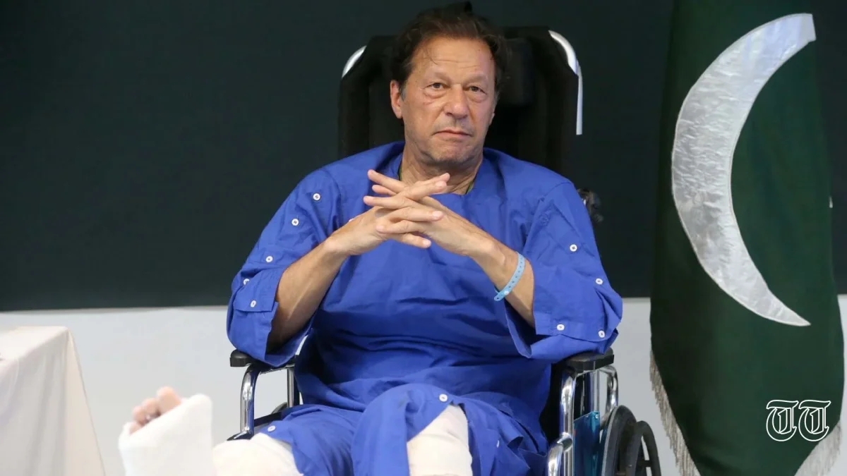 A file photo is shown of PTI president Imran Khan speaking to the press from Lahore in 2022.