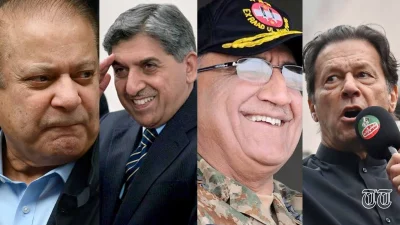 A combination file photo shows, L to R, PML(N) chief Nawaz Sharif, former DG ISI General Pasha, former COAS General Bajwa, and PTI chairman Imran Khan.