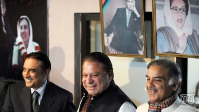 A file photo is shown of former president Asif Ali Zardari, PML(N) chief Nawaz Sharif, and prime minister Shehbaz Sharif at Islamabad in 2008.