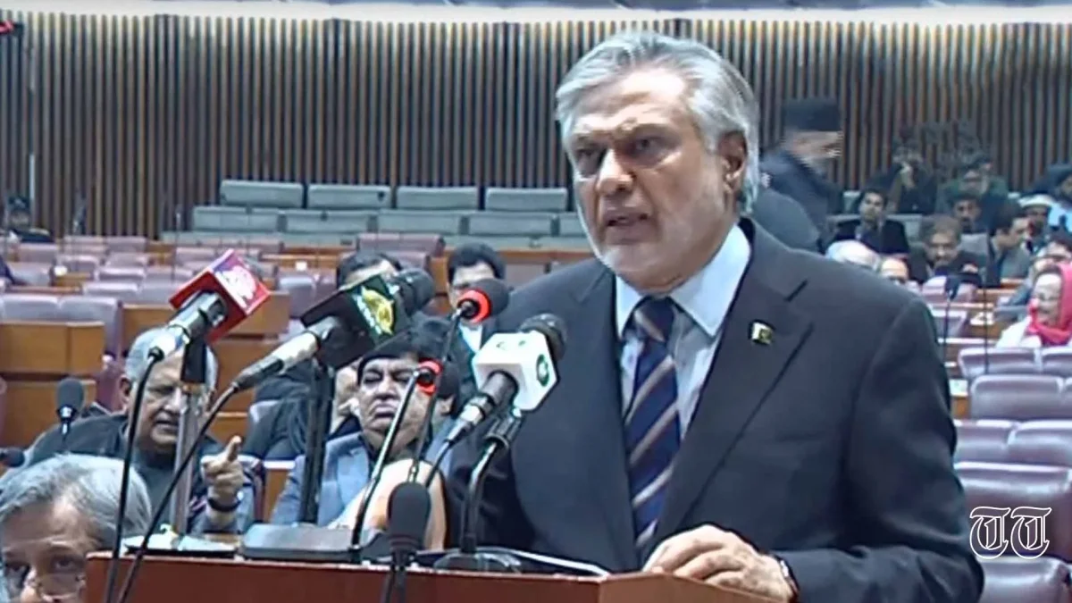 A file photo is shown of finance minister Ishaq Dar addressing the National Assembly in Islamabad.