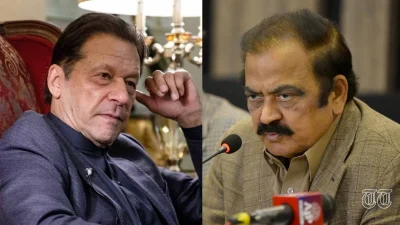 A combination file photo is shown of PTI president Imran Khan and interior minister Rana Sanaullah Khan.