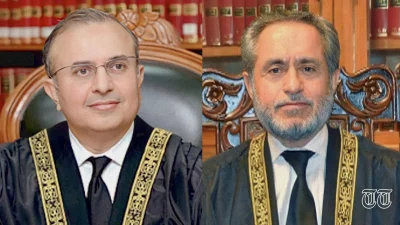 A combination file photo is shown of Justice Syed Mansoor Ali Shah (L) and Justice Jamal Khan Mandokhail (R).
