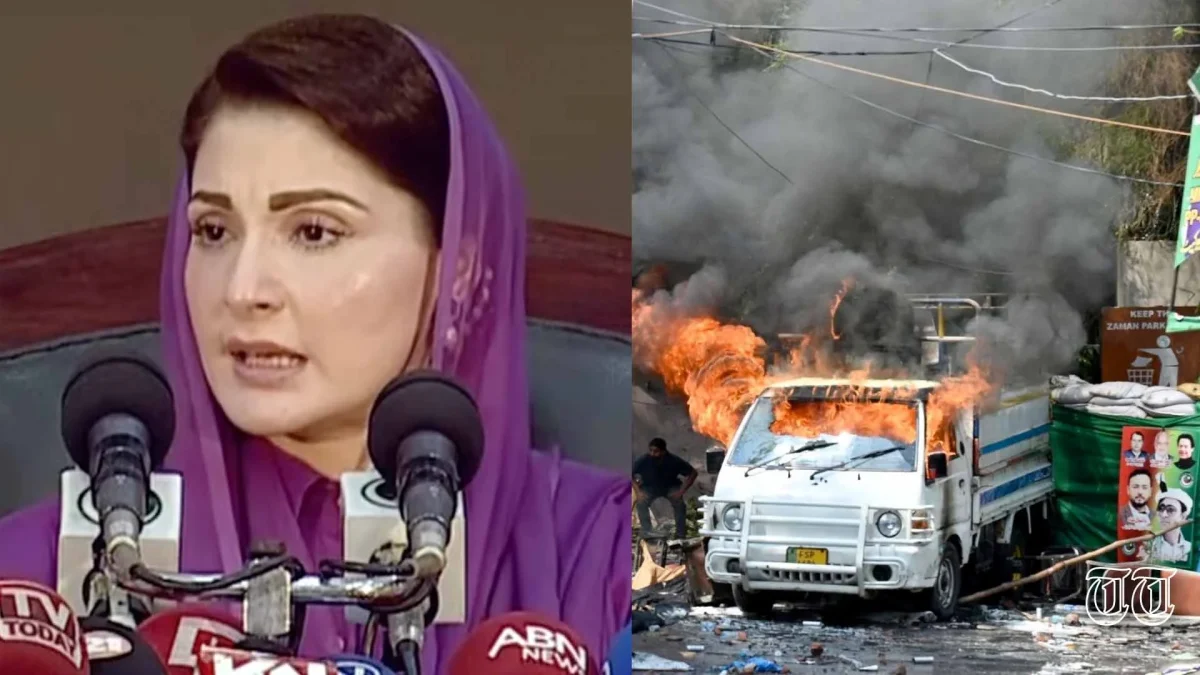 PML(N) senior vice president Maryam Nawaz is shown alongside a file photo of rioting at Zaman Park.