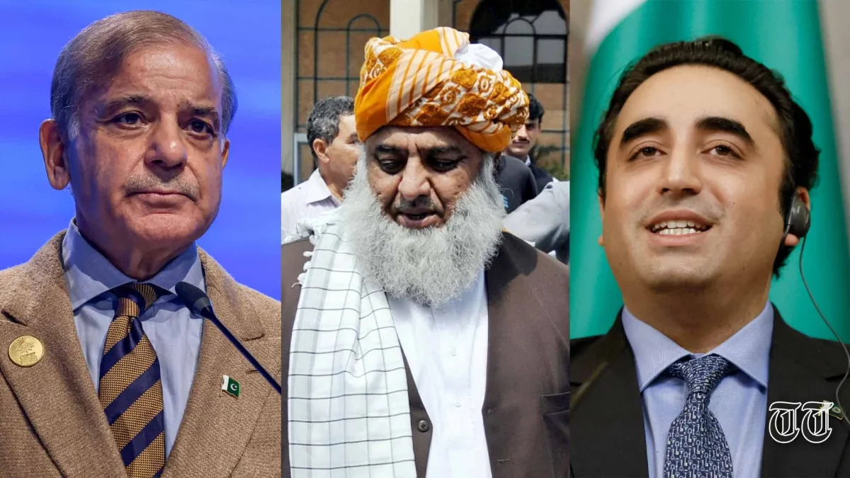 L to R shows prime minister Shehbaz Sharif, JUI-F chief Fazl-ur-Rehman, and foreign minister Bilawal Bhutto-Zardari.