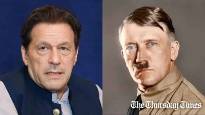 A combined file photo is shown of PTI chairman Imran Khan (L) and former German dictator Adolf Hitler (R). — FILE/THE THURSDAY TIMES