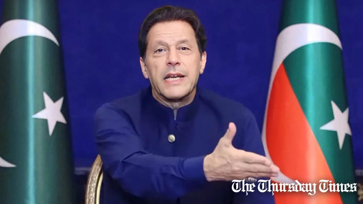 A file photo is shown of PTI chairman Imran Khan addressing party workers from his Zaman Park residence at Lahore in March 2023. — FILE/THE THURSDAY TIMES