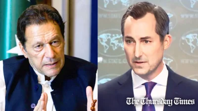 PTI chairman Imran Khan (L) and U.S. State Department spokesperson Matthew Miller (R) are shown. — FILE/THE THURSDAY TIMES