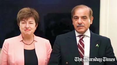 IMF Managing Director Kristalina Georgieva (L) meets with Prime Minister Shehbaz Sharif (R) in 2022. — FILE/THE THURSDAY TIMES