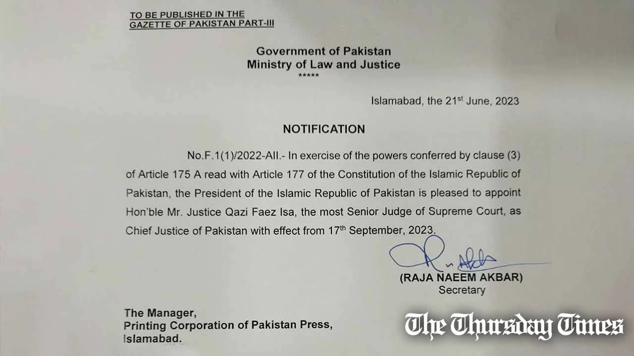 The notification was issued Wednesday afternoon. — FILE/MINISTRY OF LAW AND JUSTICE
