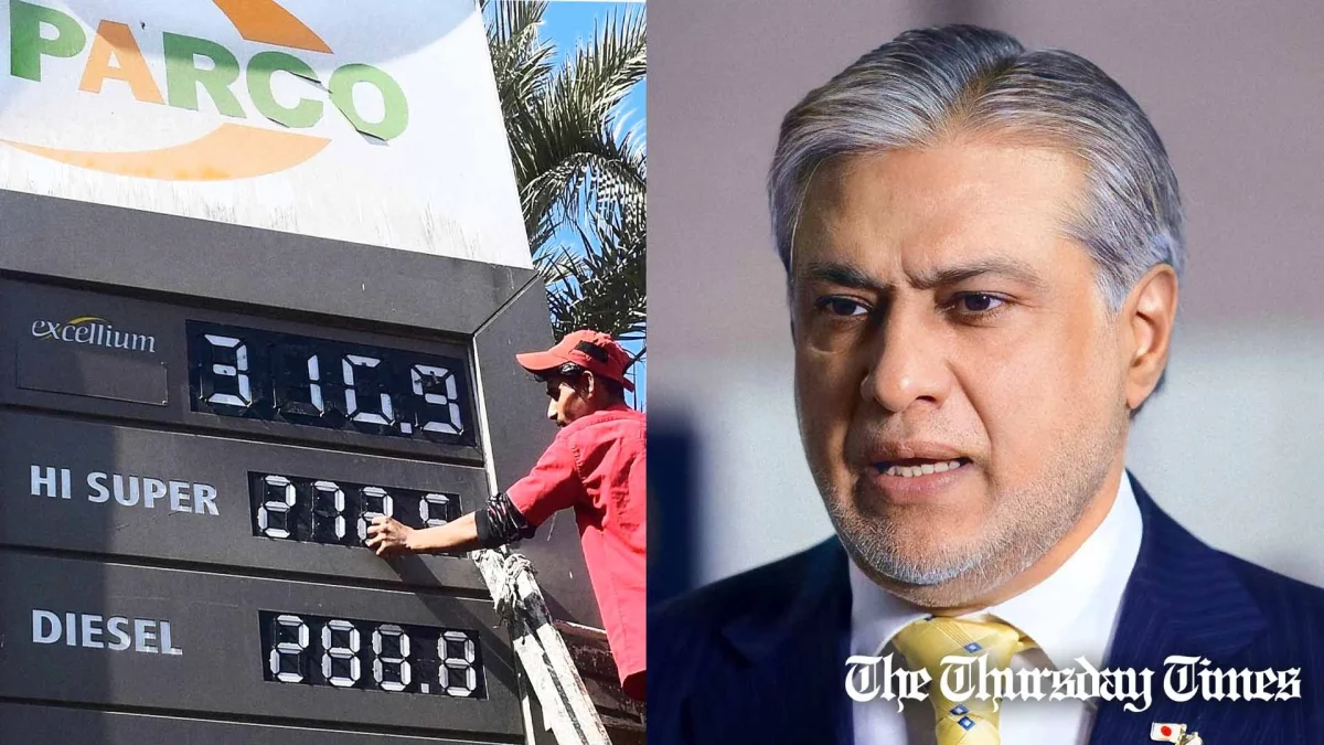 A combined file photo is shown of a petrol station at Karachi (L) and finance minister Ishaq Dar (L). — FILE/THE THURSDAY TIMES