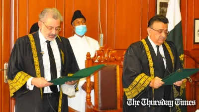 A file photo is shown of incoming Chief Justice Qazi Faez Isa (L) and outgoing CJ Umar Ata Bandial (R). — FILE/THE THURSDAY TIMES