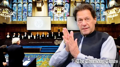 A file photo is shown of PTI chair Imran Khan amidst a backdrop at The Hague. — FILE/THE THURSDAY TIMES