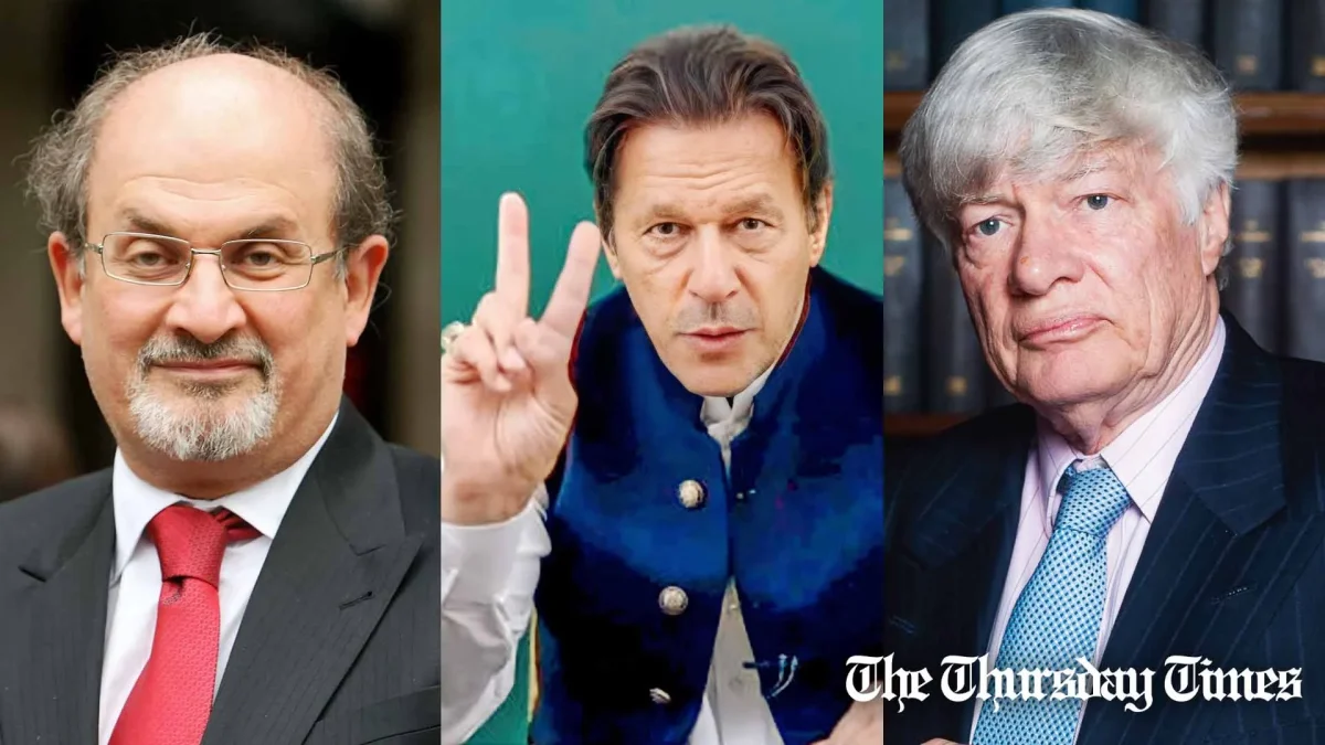 A combined file photo is shown of novelist Salman Rushdie (L), PTI chair Imran Khan (C), and barrister Geoffrey Robertson (R). — FILE/THE THURSDAY TIMES