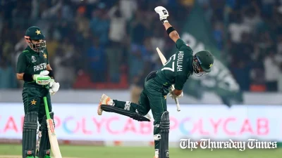 Abdullah Shafique of Pakistan celebrates his century during the ICC Men's Cricket World Cup Bharat 2023 between Pakistan and Sri Lanka at Rajiv Gandhi International Stadium on October 10, 2023 in Hyderabad, Bharat. — ALEX DAVIDSON/ICC