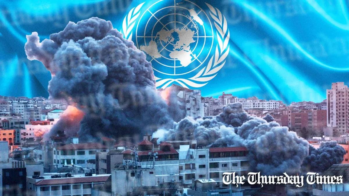 A combined file photo is shown of the UN flag and smoke rising over Gaza on October 7, 2023 during an Israeli airstrike. — FILE/THE THURSDAY TIMES