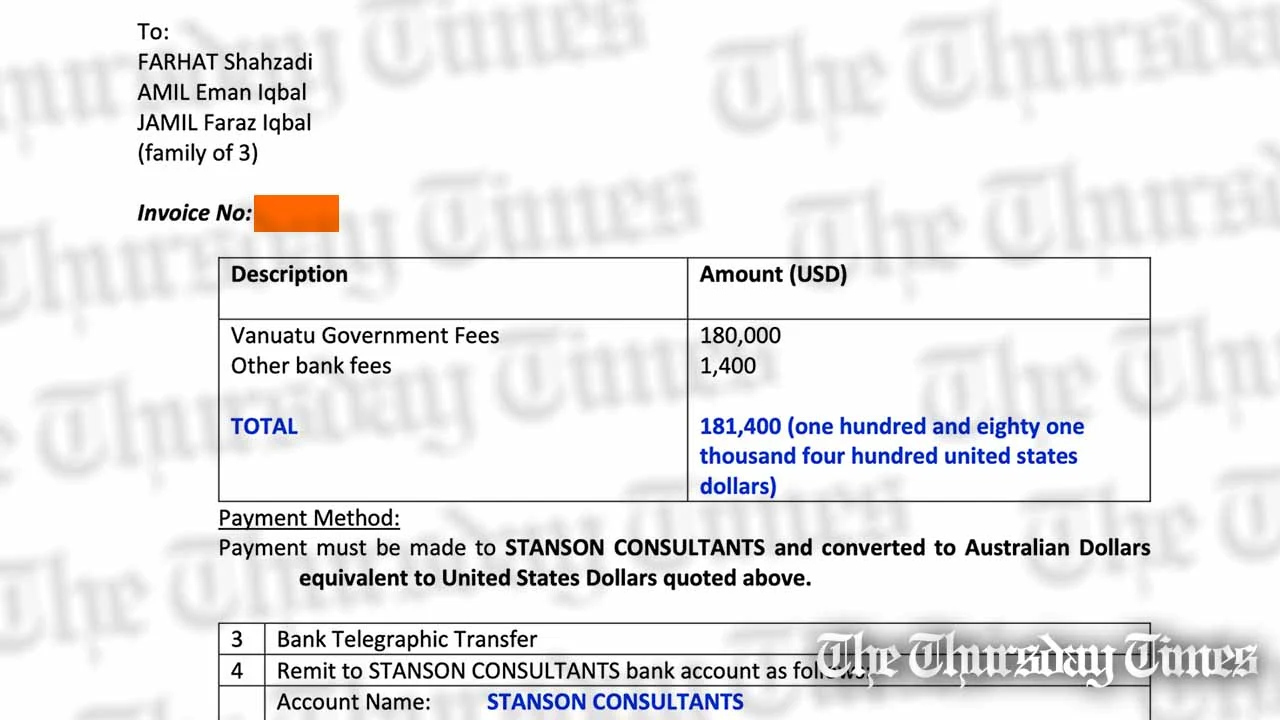 A file photo is shown of an invoice in Ms Farhat Shahzadi's name. — EXCLUSIVE/THE THURSDAY TIMES