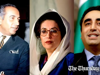 A combined file photo is shown of former Pakistani president Zulfikar Ali Bhutto in 1965 (L), former Pakistani prime minister Benazir Bhutto in 1995 (C) and former Pakistani foreign minister Bilawal Bhutto-Zardari (R). — FILE/THE THURSDAY TIMES