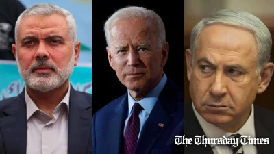 A combined file photo is shown of Hamas chief Ismail Haniyeh (L), U.S. president Joe Biden (C) and Israeli prime minister Benjamin Netanyahu (R). — FILE/THE THURSDAY TIMES