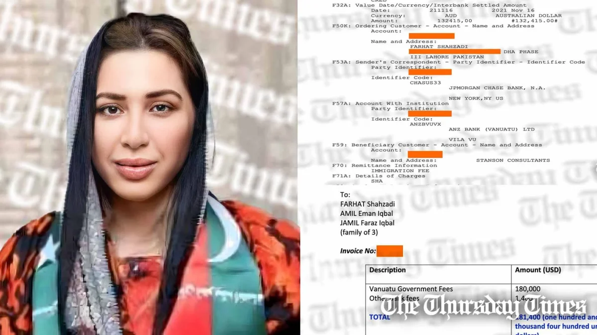 A combined file photo is shown of PTI associate Farhat Shahzadi, alias Farah Gogi (L) and exclusive documents indicating the purchase of a Vanuatu passport by Gogi (R). — FILE/THE THURSDAY TIMES