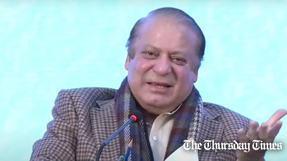 A file photo is shown of former primer minister and PML(N) chief Nawaz Sharif unveiling PMLN manifesto on January 27, 2024 at Lahore. — FILE/THE THURSDAY TIMES