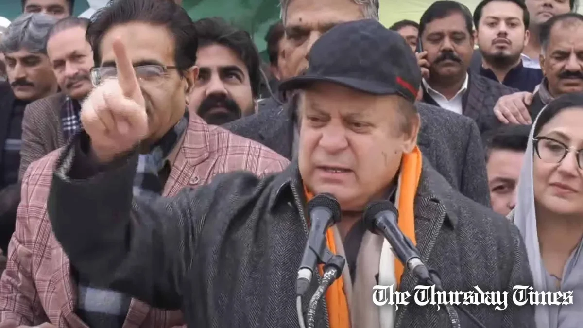 A file photo is shown of PML(N) supremo Nawaz Sharif addressing a jalsa at Nankana on January 24, 2024. — FILE/THE THURSDAY TIMES
