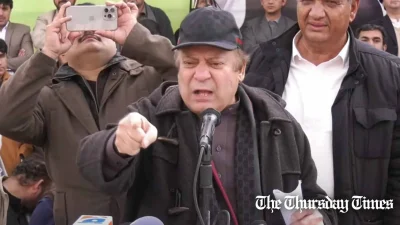 A file photo is shown of PML(N) supremo Nawaz Sharif addressing a jalsa at Swat on ٖFebruary 01, 2024. — FILE/THE THURSDAY TIMES