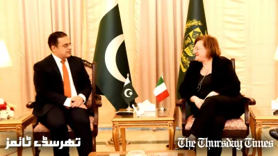A file photo is shown of Italian Ambassador to Pakistan, Marilina Armellin (R) meeting with Pakistani Minister for Economic Affairs, Ahad Khan Cheema (L) at Islamabad on April 29, 2024. — FILE/THE THURSDAY TIMES