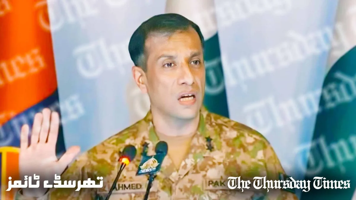 A file photo is shown of incumbent Director-General for the ISPR, Major General Ahmed Sharif Chaudhry, addressing a press conference at Rawalpindi. — FILE/THE THURSDAY TIMES