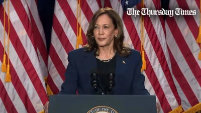 A file photo is shown of U.S. vice president Kamala Harris, speaking at a campaign rally in Milwaukee, Wisconsin.— FILE/THE THURSDAY TIMES