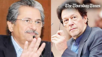 A combined file photo is shown of former education minister Shafqat Mehmood (L) and former prime minister Imran Khan (R). — FILE/THE THURSDAY TIMES