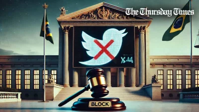 An impression is shown of the Brazilian Supreme Court with X logo crossed out and gavel in foreground. — ORIGINAL/THE THURSDAY TIMES