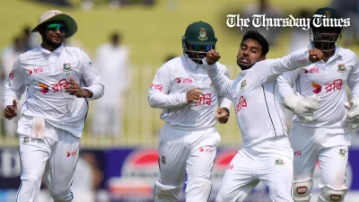 A file photo of Bangladesh Men's Cricket team celebrating at Rawalpindi during first test match against Pakistan on August 25, 2024. — FILE THE THURSDAY TIMES