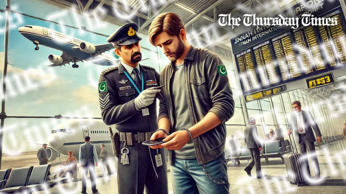 An impression is shown of a man being arrested by the FIA at Jinnah International Airport. — ORIGINAL/THE THURSDAY TIMES