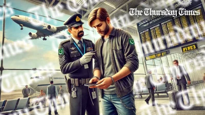 An impression is shown of a man being arrested by the FIA at Jinnah International Airport. — ORIGINAL/THE THURSDAY TIMES