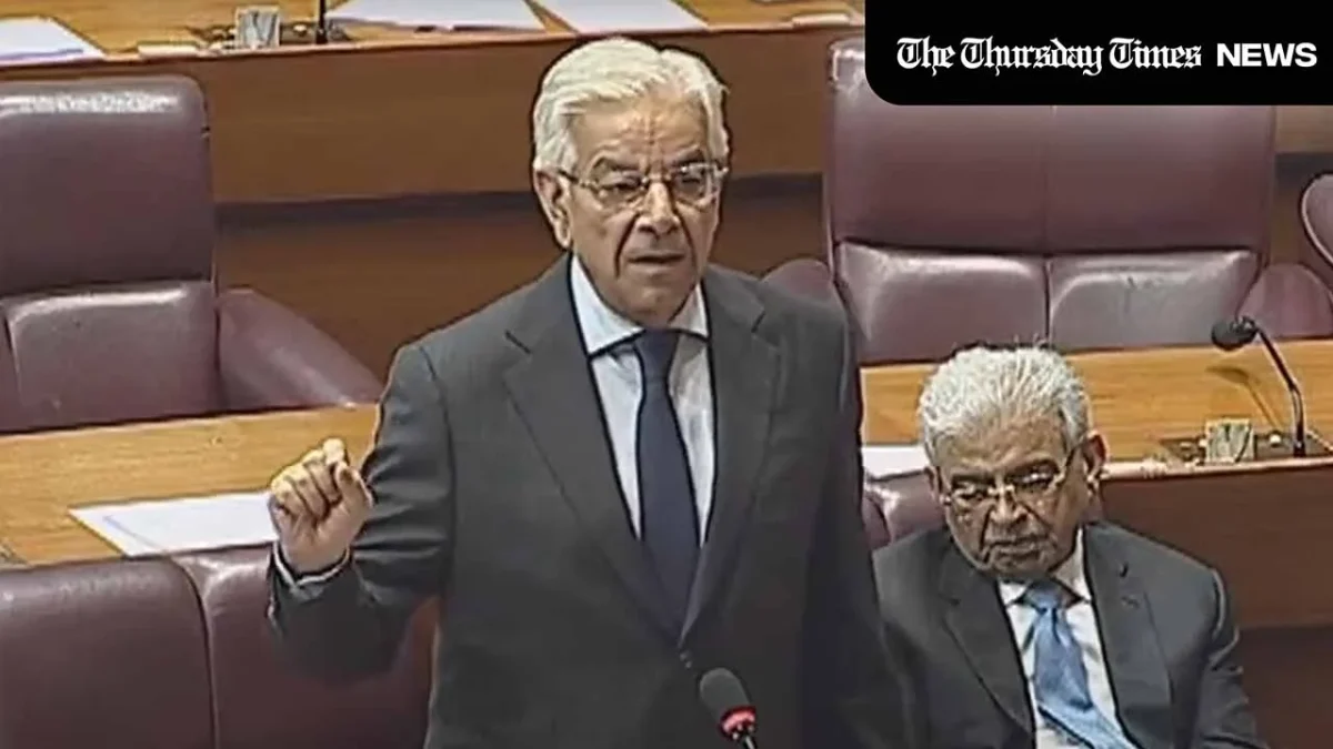 A file photo is shown of Khawaja Asif addressing Parliament on September 12, 2024. — FILE/THE THURSDAY TIMES
