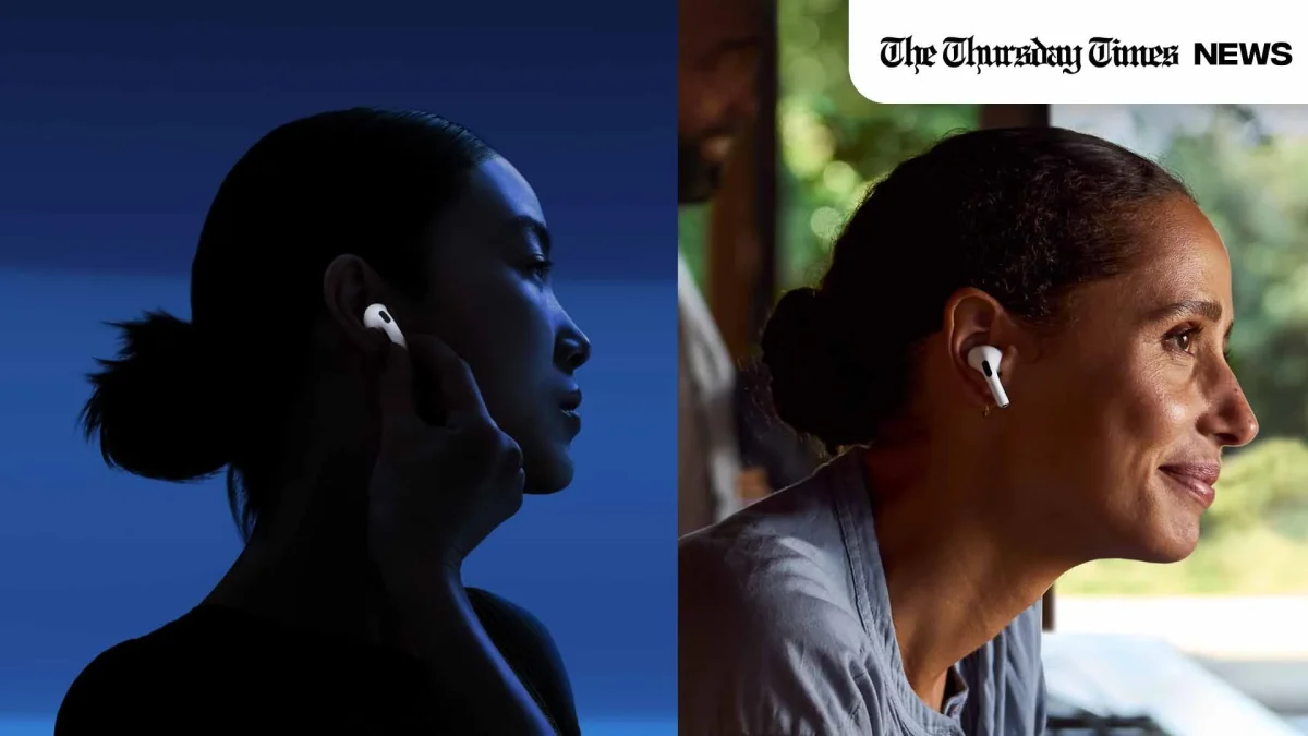 A side-view of AirPods in action. — APPLE