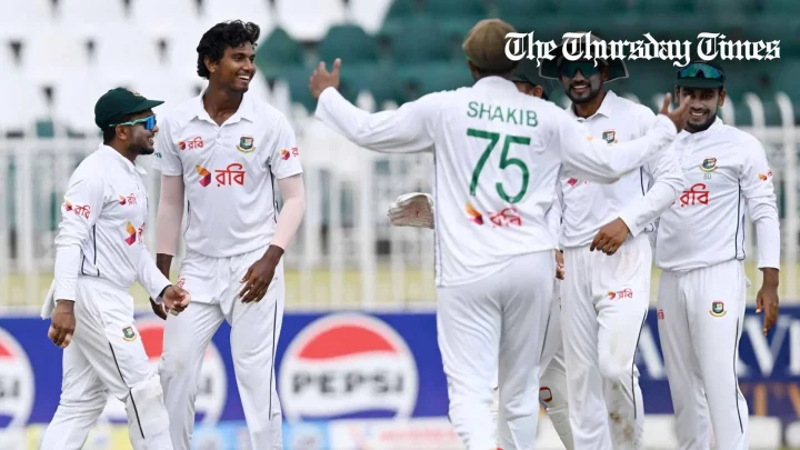 Bangladesh's Hasan Mahmud celebrates with teammates after taking Pakistan's Mohammad Ali's wicket on the fourth day of the second Test at Rawalpindi on September 2, 2024. — AFP