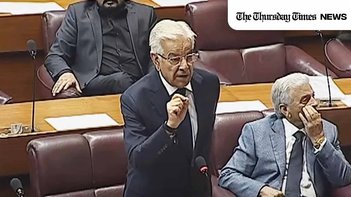 A file photo is shown of Khawaja Asif addressing Parliament on September 10, 2024. — FILE/THE THURSDAY TIMES